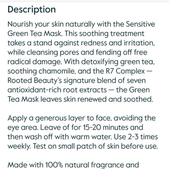 New Rooted Beauty Sensitive Green Tea Mask w/Charmomile and Aloe Vera 25oz USA - Picture 3 of 7